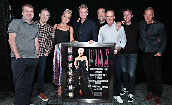(l-r: Rob Stringer (CEO, Sony Music Entertainment), Peter Edge (Chairman/CEO, RCA Records), P!nk, Roger Davis (Management), Joe Riccitelli (EVP/GM, RCA Records), Tom Corson (Pres./COO, RCA Records), John Fleckenstein (EVP, RCA Records), Keith Naftaly (EVP/Head of A&R, RCA Records)   Photo Credit: Cindy Ord - Getty